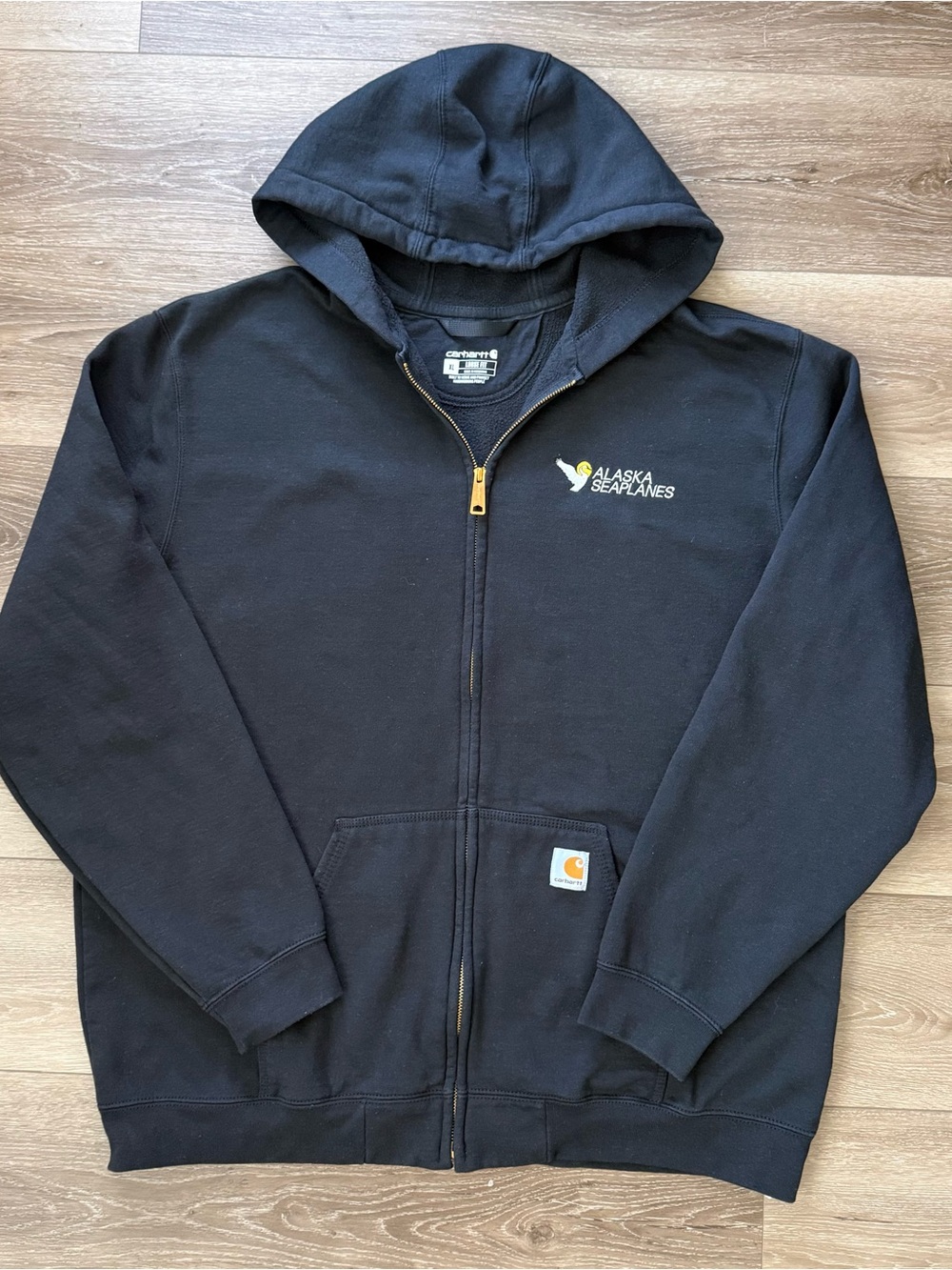 Carhartt Loose Fit XL Black Zip Hoodie with Alaska Seaplanes Embroidered Logo